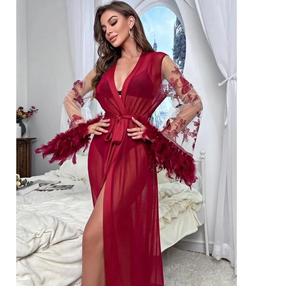 Butterfly and Floral Embroidered Feather Belted Robe ๐ - Picture 4 of 7
